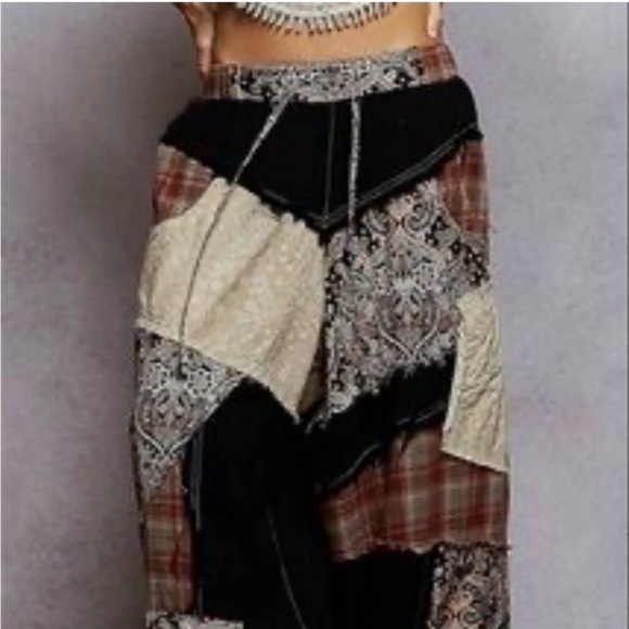 POL Pants - POL OVERSIZED Medium Patchwork Boho Lace Black Brown Tan Joggers Pants NWOT